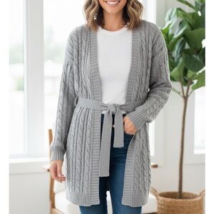 PETAL & PUP Acrylic Cable Knit Belted Sweater Potter Cardigan, Women’s M/L, Gray